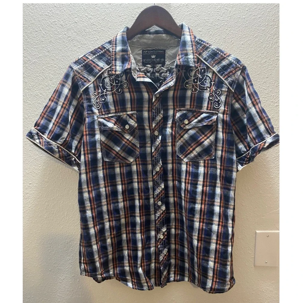 POP ICON CLOTHING Men Plaid Short Sleeve Shirt Western Pearl Snap Size M